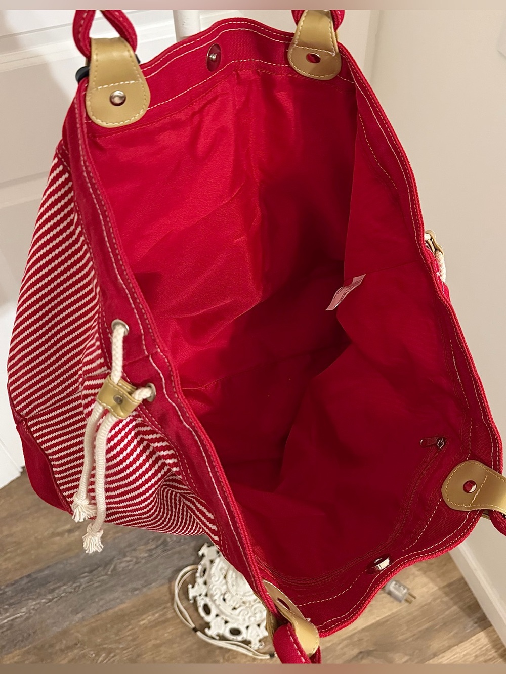 Large Red White Striped Nautical Canvas Tote Bag Anchor Charm Beach Bag - Picture 4 of 10